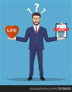 Cartoon businessman balancing Work and life on both arms. Creative vector illustration for ethical dilemma concept. Vector illustration in flat style. Cartoon businessman balancing Work and life