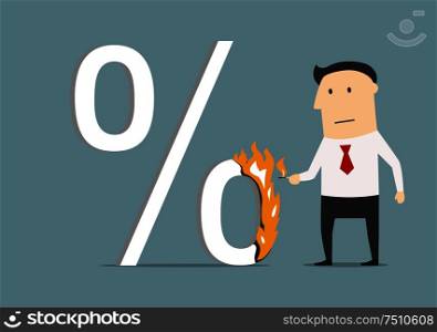 Cartoon businessman burning up percent symbol with match, for finance, banking or shopping design. Flat style. Businessman burning a high percent symbol