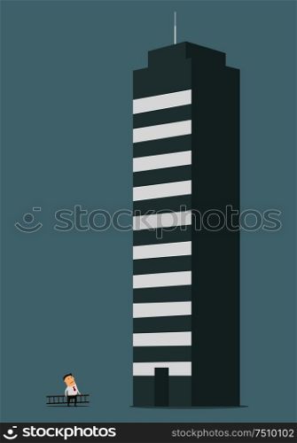 Cartoon businessman carrying a ladder to the tall building of business center. May be use in business concept such as long way to success, professional growth or career improvement . Businessman looking to the top of success