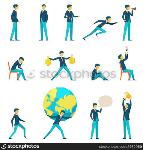 Cartoon businessman character in various poses. Motivation and inspiration, thinking and earnings, vector illustration. Cartoon businessman character in various poses