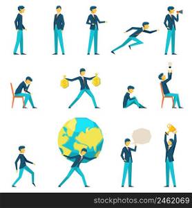 Cartoon businessman character in various poses. Motivation and inspiration, thinking and earnings, vector illustration. Cartoon businessman character in various poses