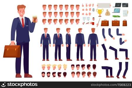 Cartoon businessman character kit. Male office employee in suit with briefcase and body parts, face expressions for animation vector set. Accessories as laptop, documents, mobile phone. 3rfsdf345wefCartoon businessman character kit. Male office employee in suit with briefcase and body parts, face expressions for animation vector set