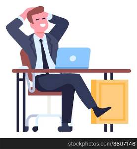 Cartoon businessman character pose. Manager in formal suit. Male office worker sitting at table in relaxing position. Man working with laptop. Isolated happy clerk. Vector corporate employee workplace. Cartoon businessman character pose. Manager in formal suit. Office worker sitting at table in relaxing position. Man working with laptop. Happy clerk. Vector corporate employee workplace