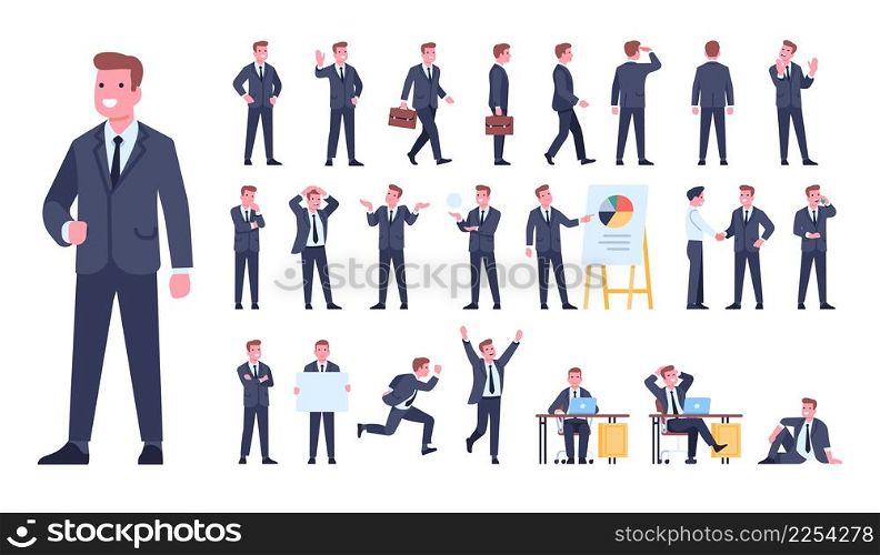 Cartoon businessman character poses. Manager in formal suit. Different gestures and situations. Office employee working process. Male actions and emotion expressions. Vector worker positions set. Cartoon businessman character poses. Manager in formal suit. Different gestures and situations. Employee working process. Actions and emotion expressions. Vector worker positions set