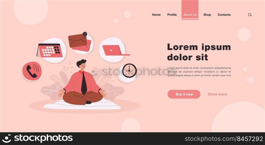 Cartoon businessman character practicing yoga or meditation. Flat vector illustration. Man relaxing on mat relieving stress from office work, focusing on balance, Zen. Health, time management concept