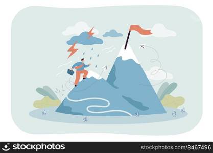 Cartoon businessman climbing snowy mountain towards flag. Man with belief and ambition making effort to reach goal flat vector illustration. Perseverance, challenge concept for banner, website design
