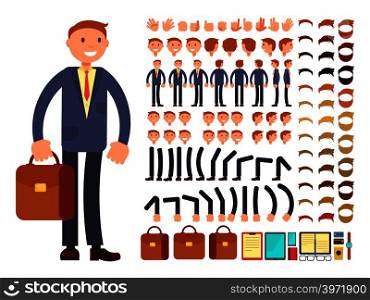 Cartoon businessman customizable vector character set. Constructor of different poses. Character businessman constructor foot and hair, arm and head illustration. Cartoon businessman customizable vector character set. Constructor of different poses