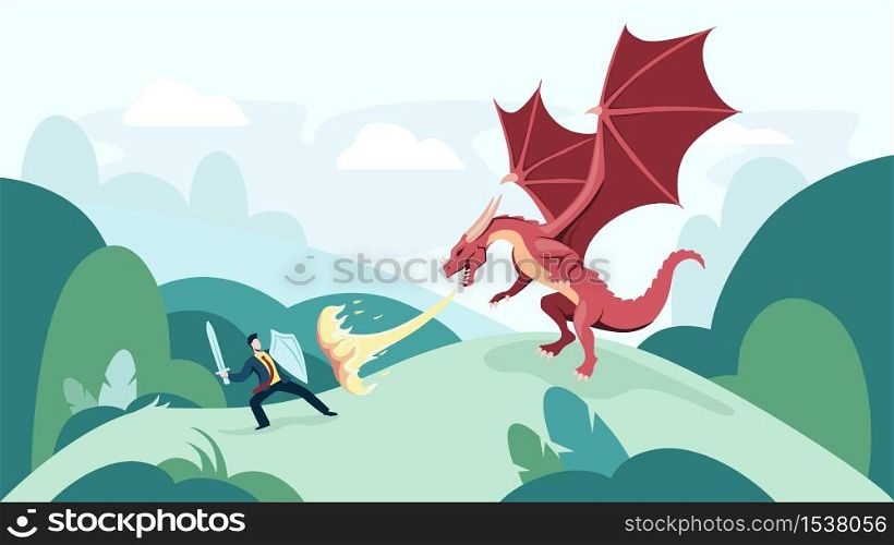 Cartoon businessman fighting fire breathing dragon vector graphic illustration. Male knight with protective shield and sword battle with monster. Concept of risk, courage and leadership in business. Cartoon businessman fighting fire breathing dragon vector graphic illustration