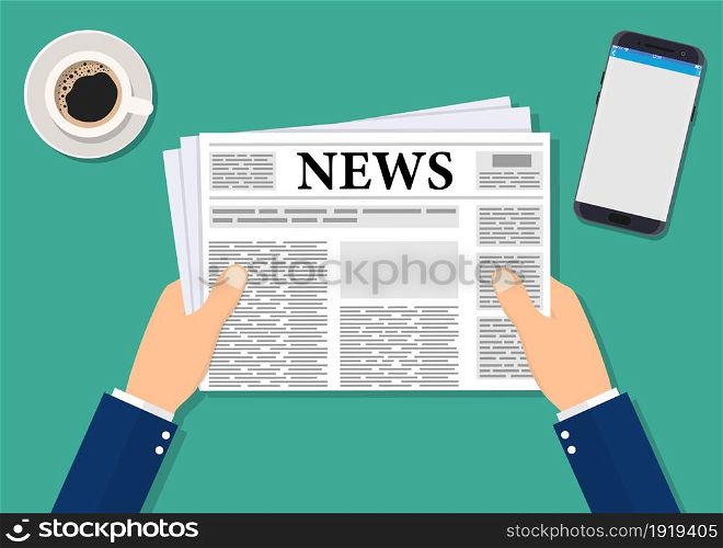 Cartoon businessman hand holding newspaper. Wooden desk with smartphone, coffee cup with long shadows. coffee break, lunch, breakfast, vector illustration in flat design. Cartoon businessman hand holding newspaper.