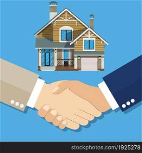 Cartoon, Businessman handshake Deal purchase home. . Vector illustration in flat style. Cartoon, Businessman handshake Deal purchase home