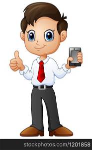 Cartoon businessman holding a smartphone with OK hand gesture