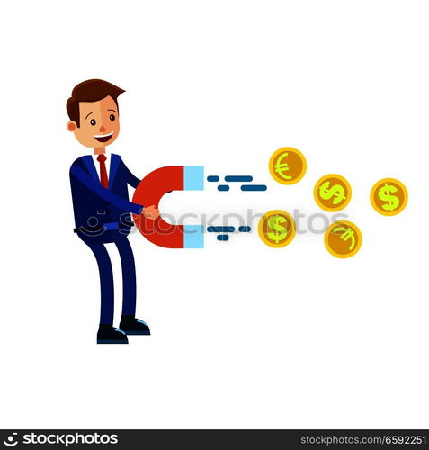 Cartoon businessman in blue suit and red tie attracts coins with magnet on white background. Symbolic vector illustration about how businessman easily achieves money. Success metaphorical picture.. Cartoon Businessman with Big Magnet Illustration