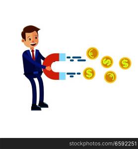 Cartoon businessman in blue suit and red tie attracts coins with magnet on white background. Symbolic vector illustration about how businessman easily achieves money. Success metaphorical picture.. Cartoon Businessman with Big Magnet Illustration