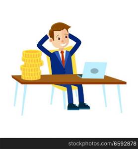 Cartoon businessman in blue suit and red tie sits at office table with big stack of coins and looks at laptop isolated on white background. Vector illustration about how business can bring easy money.. Businessman Sits at Office Table Illustration