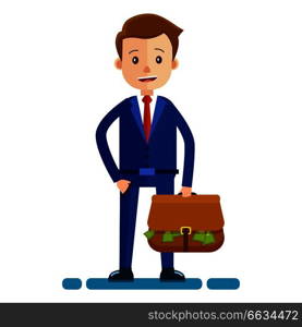 Cartoon businessman in blue suit, red tie and with briefcase full of money stands with happy face isolated on white background. Male cartoon character icon. Vector illustration of wealth and success.. Businessman with bag Full of Money Illustration