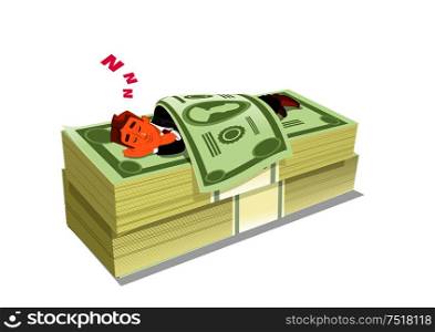 Cartoon businessman in suit sleeping or napping on pack or pile of cash or money. Concept of successful stock investment or passive income, rich and wealth, financial freedom.. Businessman sleeping on pack of cash or money