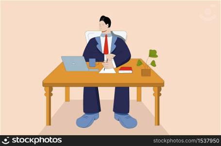 Cartoon businessman in suit working on laptop at workplace vector graphic illustration. Confident colorful business male sitting at table in office big limbs style isolated on white background. Cartoon businessman in suit working on laptop at workplace vector graphic illustration