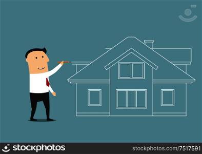 Cartoon businessman is planning to buy a home in the near future drawing with pencil a two story house. Real estate and housing concept design . Businessman planning to buy a home