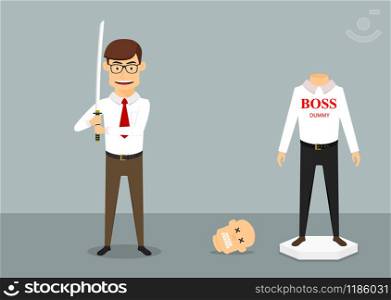 Cartoon businessman is relaxing after a bad day in office and cut off a head of boss dummy with a sword. Business concept for emotional release, revenge, conflict resolution design