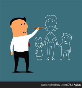 Cartoon businessman is visualizes a dream about happy family and drawing a woman with two kids. Use as motivation, future planning and love theme design. Businessman dreaming about family and love