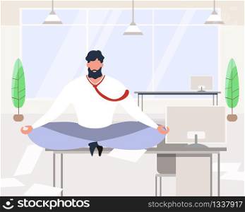 Cartoon Businessman Meditating Sit on Table at Office Room Vector Illustration. Lotus Pose, Meditation Break, Indoors Workplace Relaxation. Male Worker Stress Relief, Work Pause, Employee Rest. Cartoon Businessman Meditating Sit on Table Office