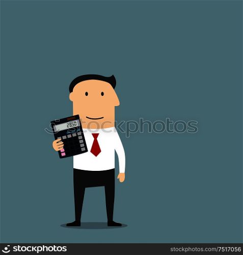 Cartoon businessman or accountant is showing an electronic desktop calculator with copy space on display. Use as business presentation, financial report or advertisement design. Businessman or accountant with calculator