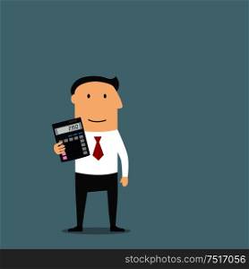 Cartoon businessman or accountant is showing an electronic desktop calculator with copy space on display. Use as business presentation, financial report or advertisement design. Businessman or accountant with calculator