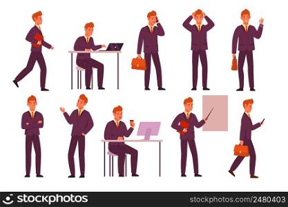 Cartoon businessman poses. Young office male character in strict clothes, different actions and emotions, working environment, man standing walking and sitting, hold phone and book vector isolated set. Cartoon businessman poses. Young office male character in strict clothes, different actions and emotions, working environment, man standing walking and sitting, hold phone and book vector set