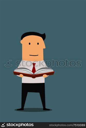 Cartoon businessman reading a book for find a new ideas. Business education, professional or personal development concept. Cartoon business with book in hands