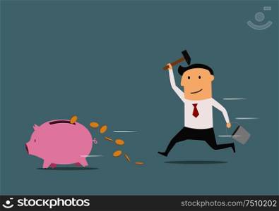 Cartoon businessman running after a piggy bank with hammer and trying to bring back money. Businessman wants to break piggy bank