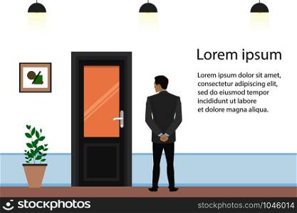 Cartoon businessman searching for job, interview candidate,door in office room,flat vector illustration. Cartoon businessman searching for job, interview candidate