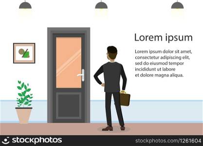 Cartoon businessman searching for job, interview candidate,door in office room,rear view man,flat vector illustration.