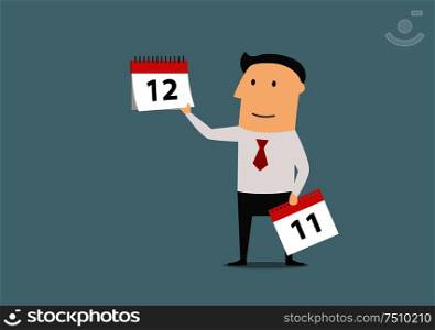 Cartoon businessman showing on the tear off calendar and the last month of the year. Time management or planning concept design. Businessman with calendar of last month