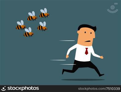 Cartoon businessman was attacked by swarm of angry wild bees and running away from dangerous insects. Insect sting allergy danger, healthcare concept design. Businessman running away from angry bees