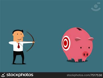 Cartoon businessman with bow and arrow is hunting for someone elses piggy bank with savings. May be use as business theft, criminal or illegal earnings themes design. Businessman hunting for someone elses piggy bank