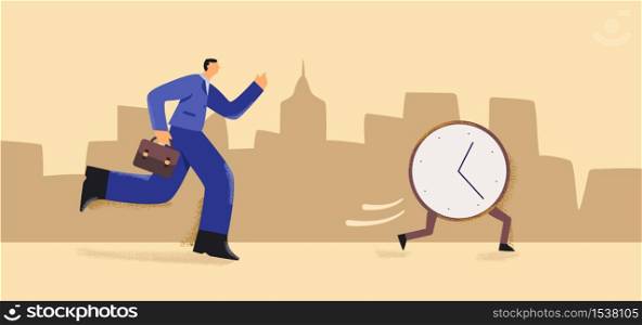 Cartoon businessman with briefcase run try catch alarm clock at city background vector flat illustration. Business male loose opportunities or chance and lost time storage concept graphic design. Cartoon businessman with briefcase run try catch alarm clock at city background