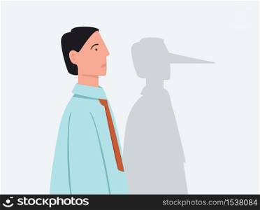 Cartoon businessman with shadow of long lie nose vector flat illustration. Business male cheater liar or lying isolated on white background. Portrait of betray dishonest colorful person. Cartoon businessman with shadow of long lie nose vector flat illustration