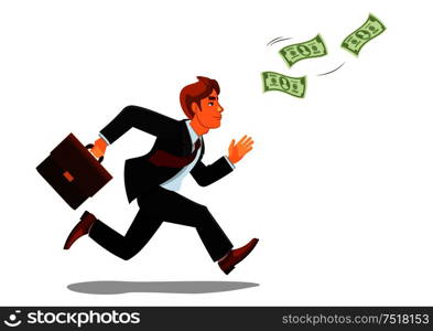 Cartoon businessman with suitcase or bag chasing or running for money banknotes or bill, greenback.. Businessman with suitcase chase money