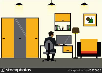 Cartoon businessman working at home, living room interior design with furniture,flat vector illustration. Cartoon businessman working at home, living room interior design
