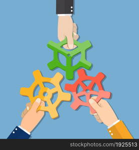 Cartoon businessmans hands joining gears. Business team and teamwork concept. vector illustration in flat design. Cartoon businessmans hands joining gears