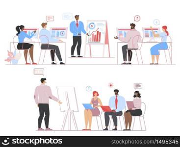Cartoon Businesspeople Characters on Meeting, Office Briefing, Coaching Courses Set. Analytics Team Brainstorming, Communicating, Reporting. Business Education Training Seminar. Vector Illustration. Businesspeople on Meeting, Briefing, Coaching Set