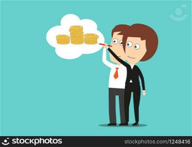 Cartoon businesswoman and businessman are painting their dreams about wealth, success and richness on a joint thought bubble with dollar golden coins. Business success, planning, wealth, bonus theme design usage