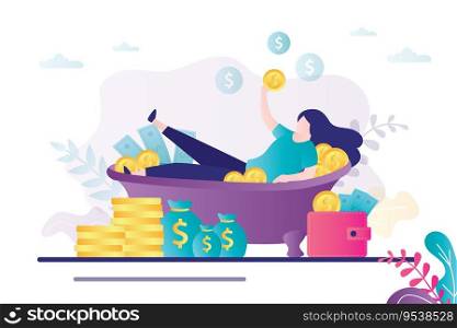 Cartoon businesswoman resting in bath full of banknotes and coins. Rich lady having bath with money. Cute woman bathes in wealth. Financial success and welfare. Trendy flat vector illustration