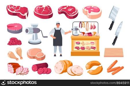Cartoon butcher with meat. Man character with knife in chef uniform offering fresh products, sausages beef pork steaks, grocery store concept. Vector illustration of knife butcher and beef steak. Cartoon butcher with meat. Man character with knife in chef uniform offering fresh products, sausages beef pork steaks, grocery store concept. Vector illustration