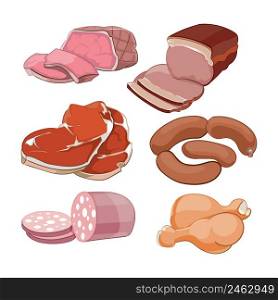 Cartoon butchery meat set. Butchery and ham, steak and bacon, vector illustration. Cartoon butchery meat set