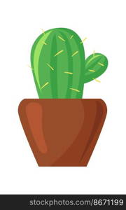 Cartoon cactus in a pot. Green thorny plant in brown bowl, vector isolated on white background. Cartoon cactus in a pot. Green thorny plant in brown bowl, vector