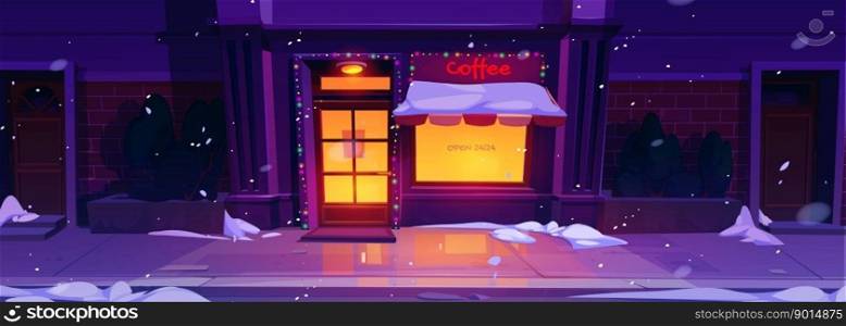 Cartoon cafe exterior with Christmas decoration and winter snowfall. Vector illustration of coffee shop building facade with color garland, illuminated door and window, empty city street sidewalk. Cartoon cafe exterior with Christmas decoration