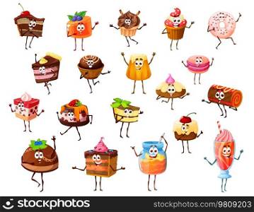 Cartoon cake, cupcake, jelly and cheesecake cheerful dessert characters. Donut, pie and pudding personages. Vector cute confectionery, pastry, honey jar and muffin, candies, roll or cocktail. Cartoon cake, cupcake, jelly dessert characters