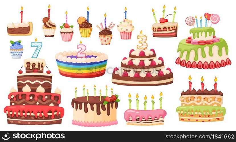 Cartoon cakes and cupcakes with candles, delicious sweet desserts. Birthday celebration chocolate cake, cupcake and pastry vector set. Holiday party confectionery decorated with glaze and fruit. Cartoon cakes and cupcakes with candles, delicious sweet desserts. Birthday celebration chocolate cake, cupcake and pastry vector set