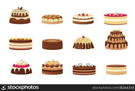 Cartoon cakes. Colorful birthday sweet dessert with cream glaze fruits and biscuits, holiday party and celebration chocolate cakes. Vector isolated set. Pastry for event celebration